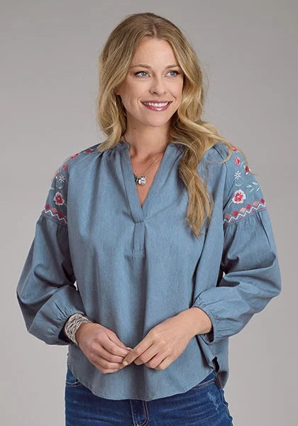 Roper 2435 Denim V-Neck (Blue) - Women's Western Blouse