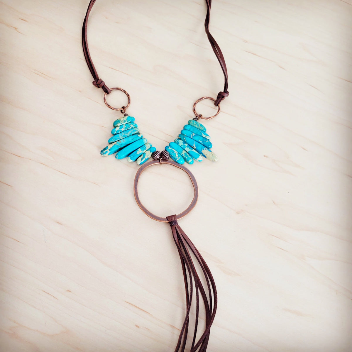 **Imperial Jasper Slab Necklace w/ Copper Hoop & Tassel 252h