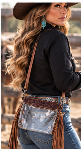 Nightlife Tooled Leather Clear Fringe Purse- Branding Iron Western Wear
