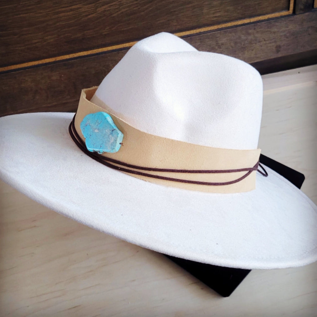 Wide Genuine Leather Bone Suede Hat Band Only w/ Turq 953v