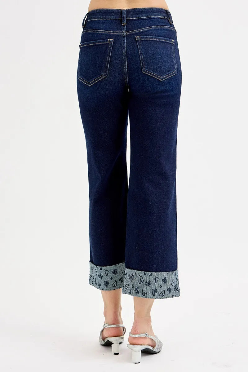 RISEN Mid Rise Fit Crop Wide With Printed Cuff Jeans