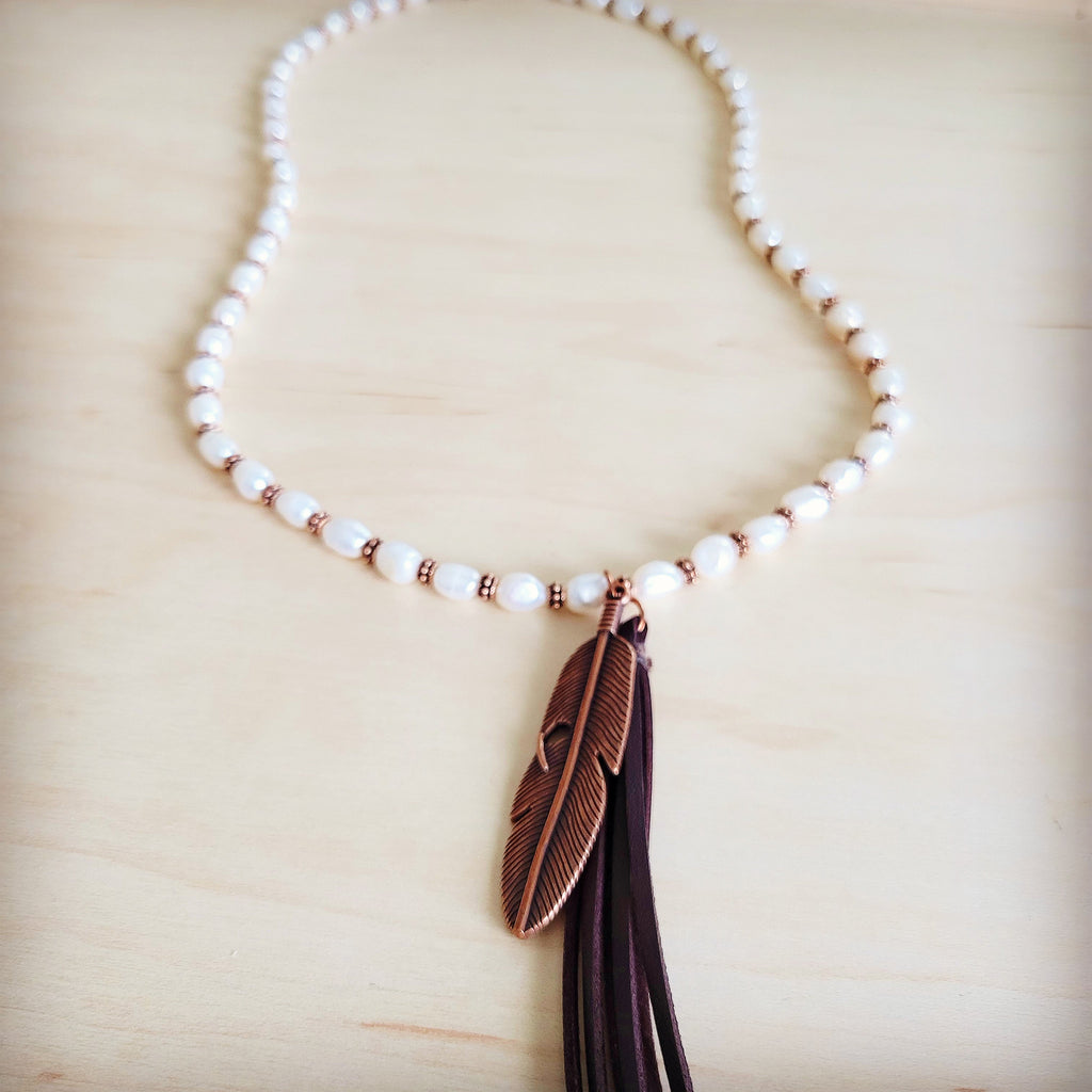 **Long Freshwater Pearl & Copper Necklace w/ Feather Tassel Pendant 264b