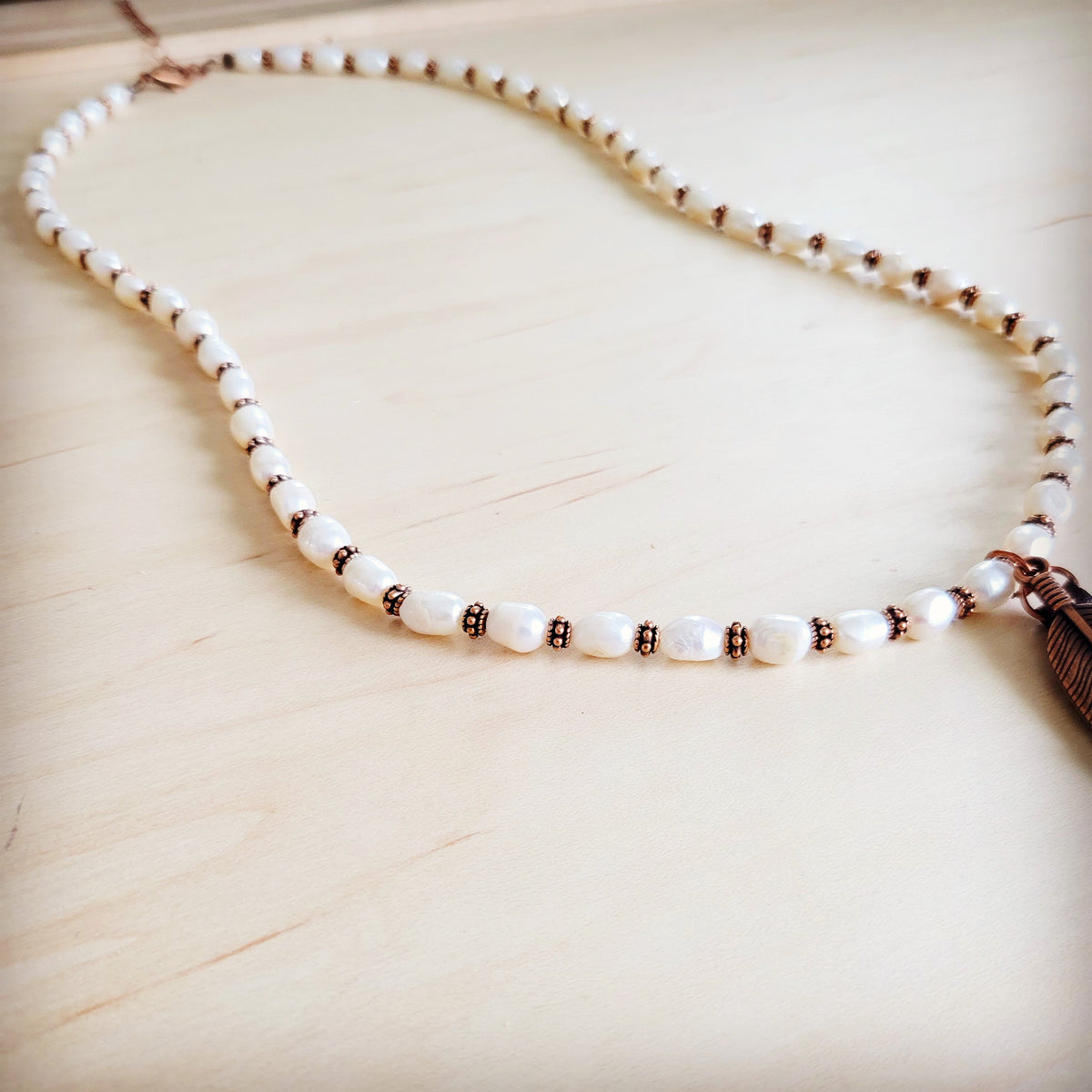 **Long Freshwater Pearl & Copper Necklace w/ Feather Tassel Pendant 264b