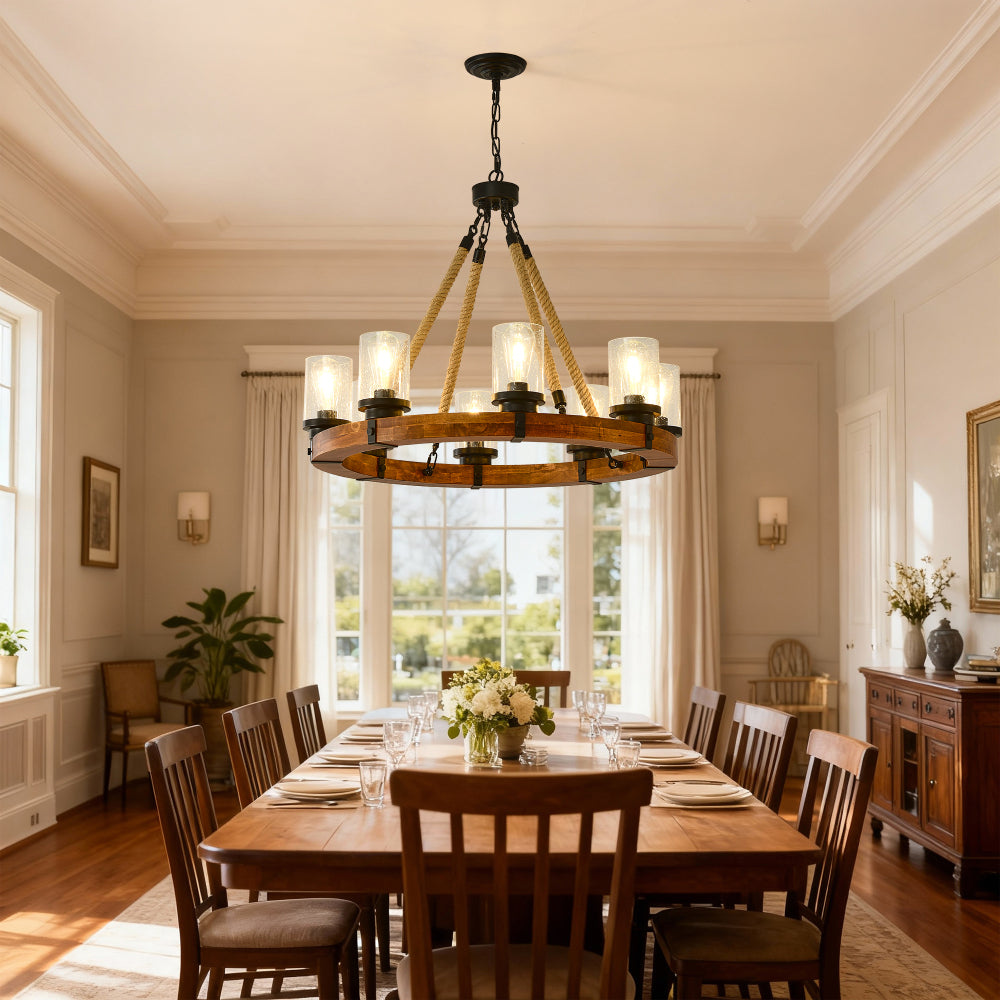 8-Light Rustic Wagon Wheel Chandelier | 31" Wood Frame & Seeded Glass, Farmhouse Industrial Pendant
