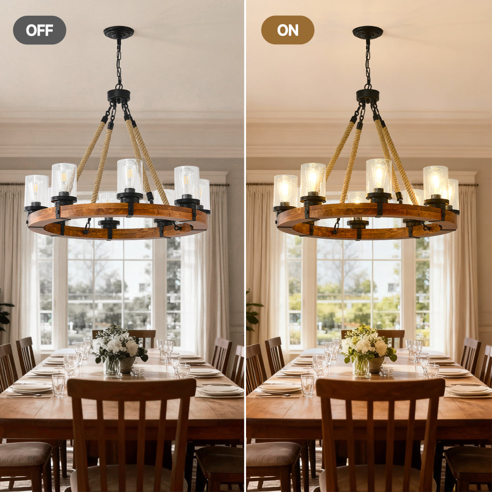 8-Light Rustic Wagon Wheel Chandelier | 31" Wood Frame & Seeded Glass, Farmhouse Industrial Pendant