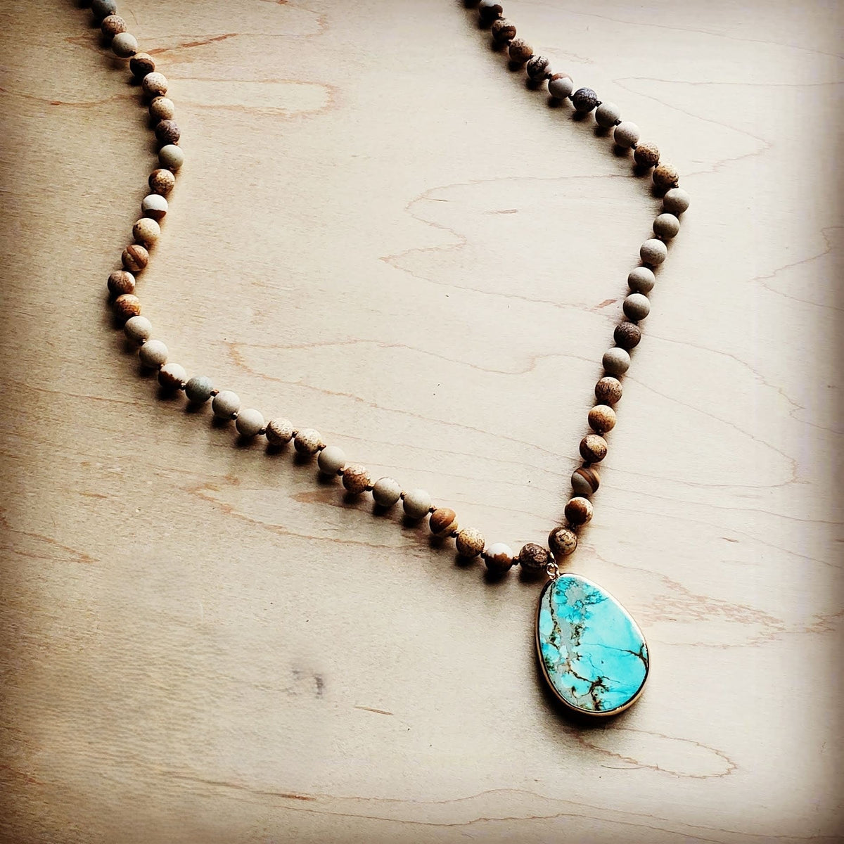 Bohemian Beaded Jasper Necklace with Ocean Agate Pendant 245u