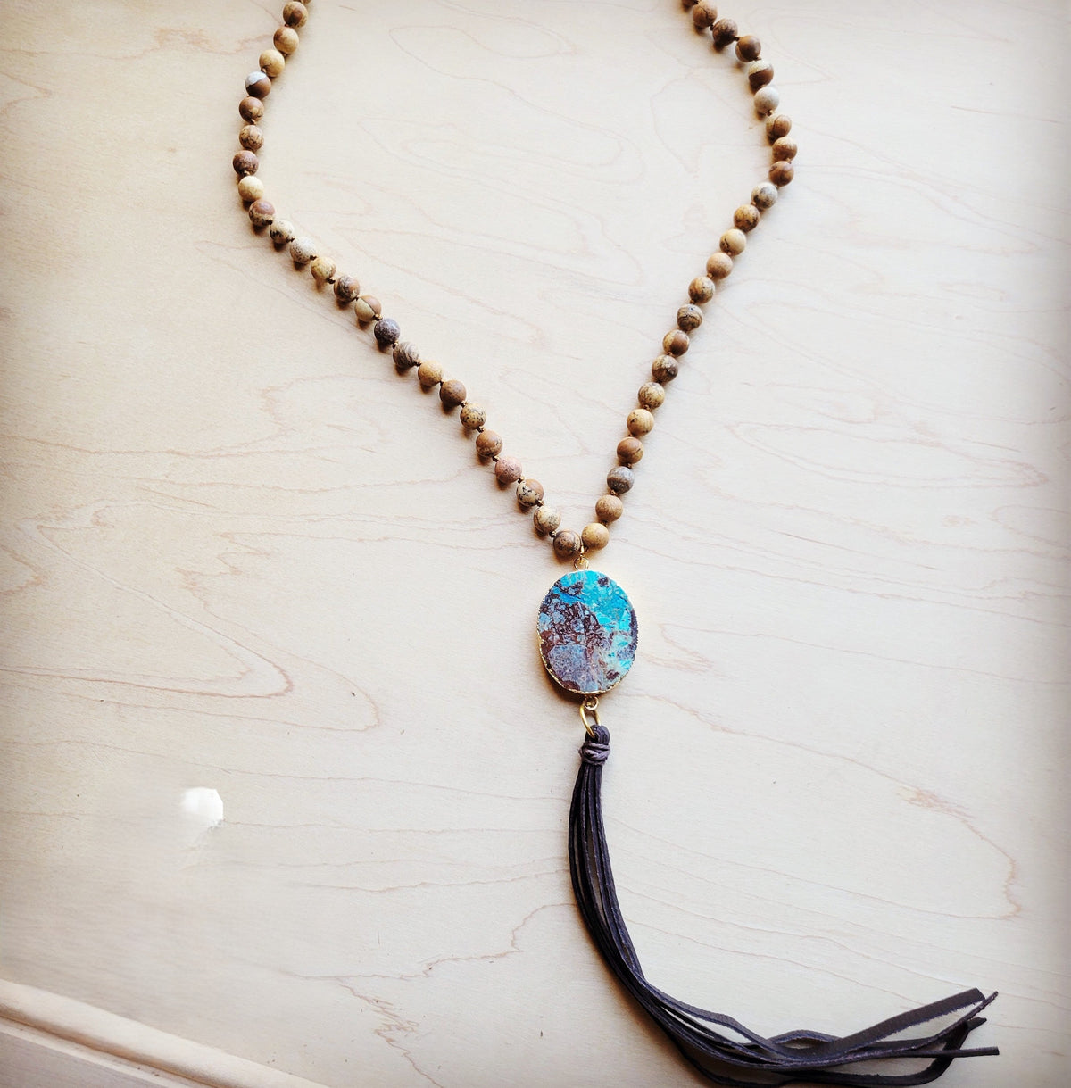 Bohemian Beaded Jasper Necklace with Ocean Agate Pendant 245u