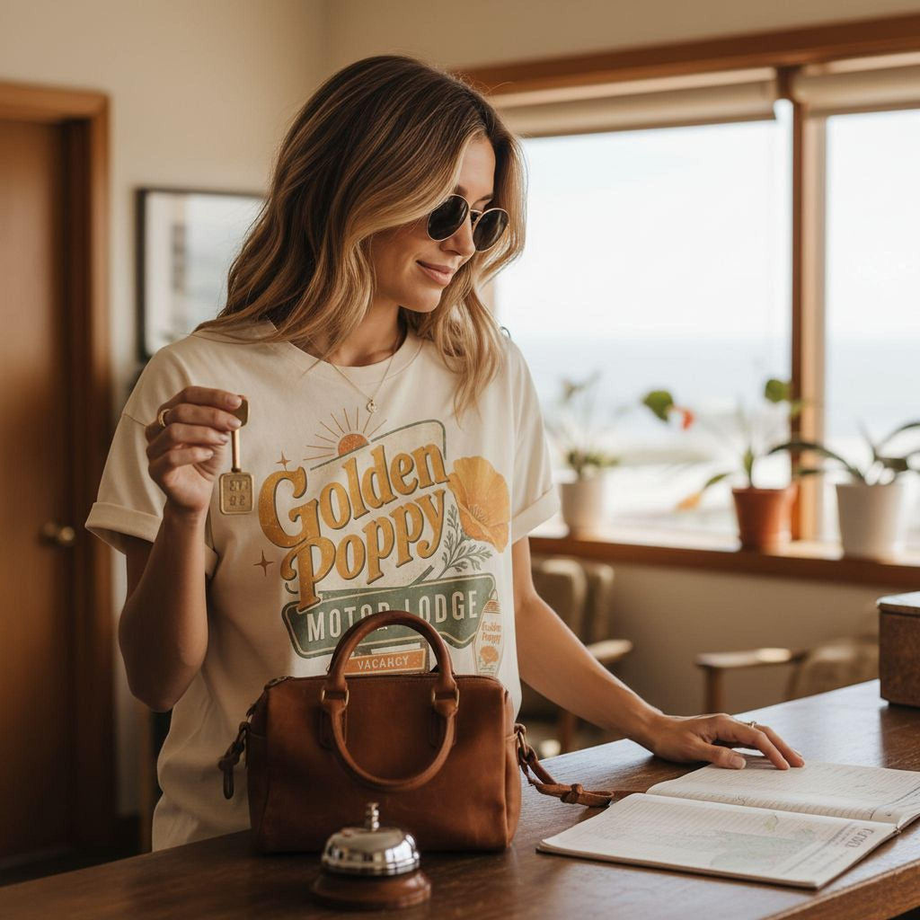 California Poppy Shirt - Retro Travel Tee | Soft Cotton Botanical Print