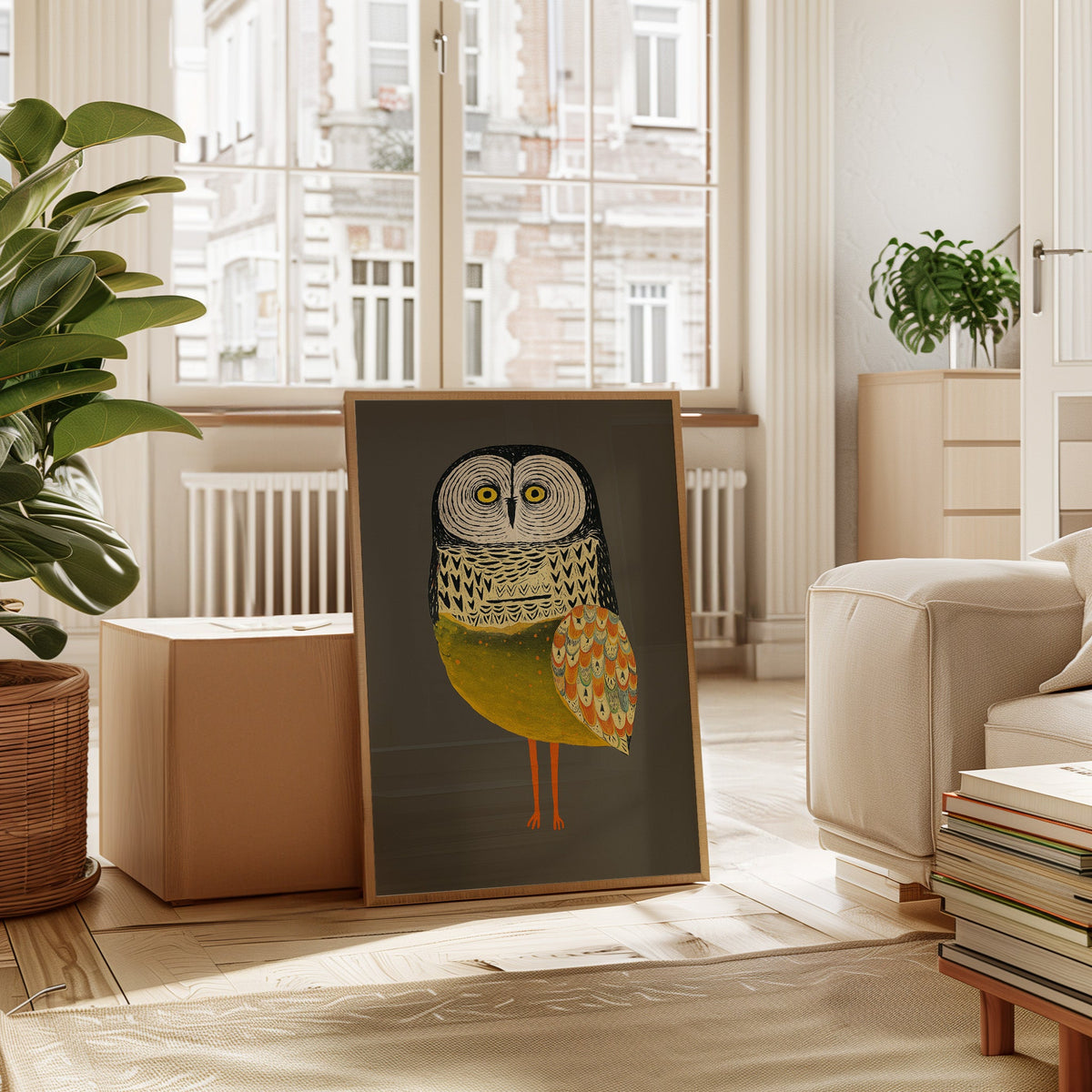 Stylized Owl with Golden Feathers