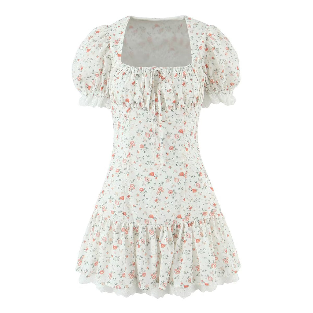 Autumn Gentle Sweet Floral Lace Stitching Printing Dress Tight Waist Puff Sleeve Super Fairy Princess Dress