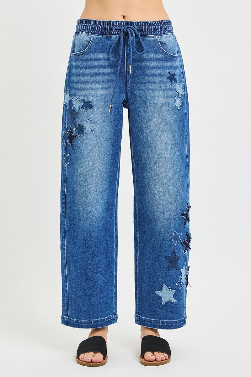 RISEN Elastic Band Slouchy Cropped Barrel with Star Patch