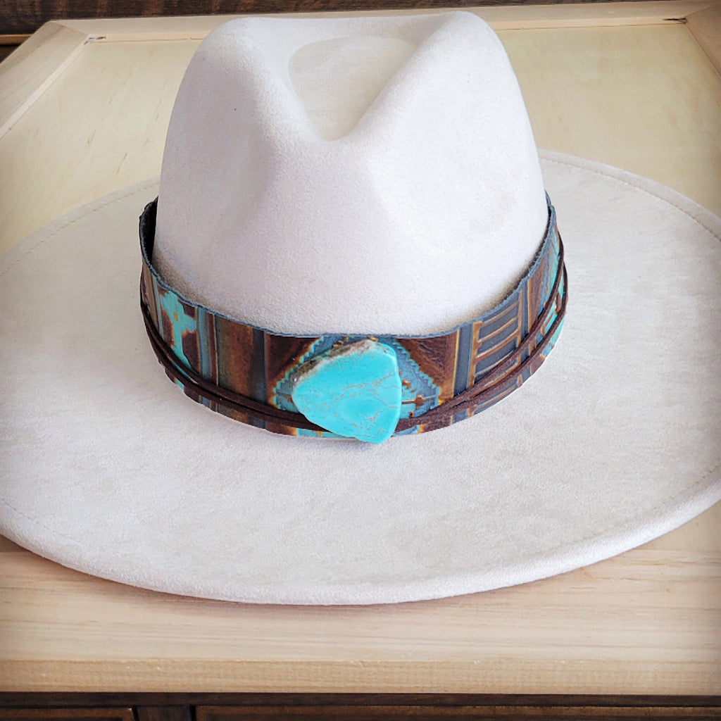 **Wide Genuine Leather Blue Navajo Hat Band Only w/ Turq 953j