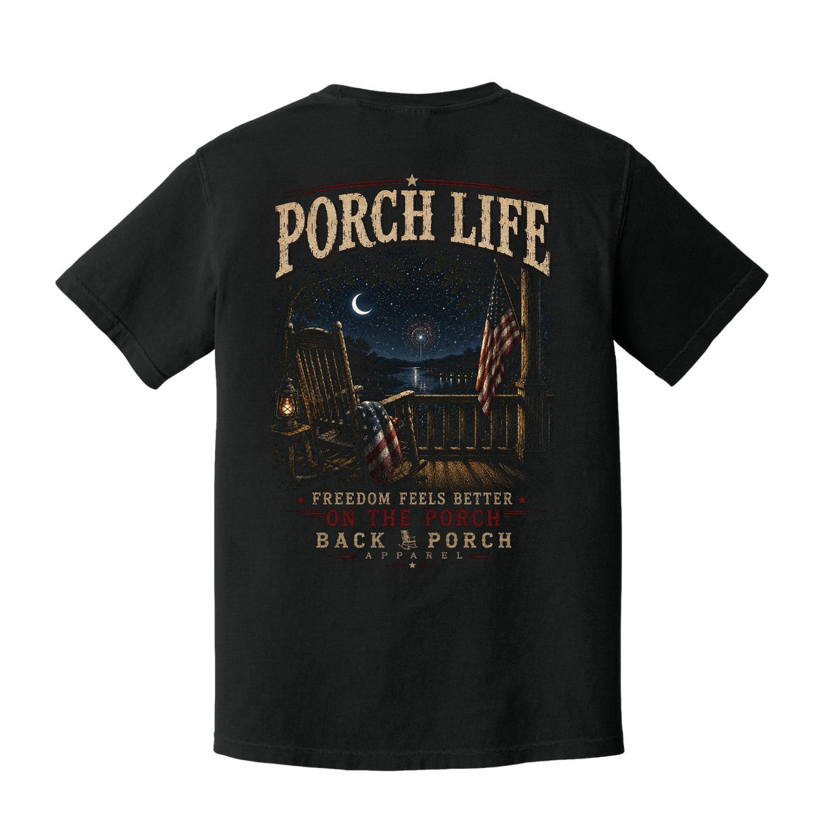 Freedom Feels Better on the Porch Life Comfort Colors Black Patriotic T-Shirt