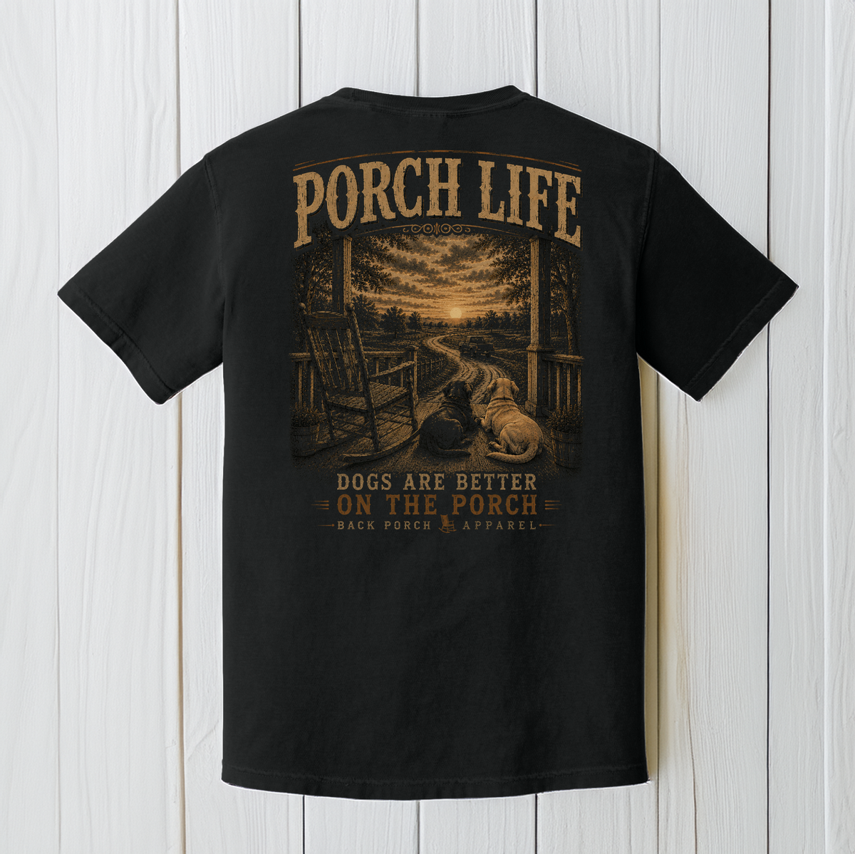Porch Life Dogs Are Better on the Porch Comfort Colors Black T-Shirt | Country Dog Lover Graphic Tee