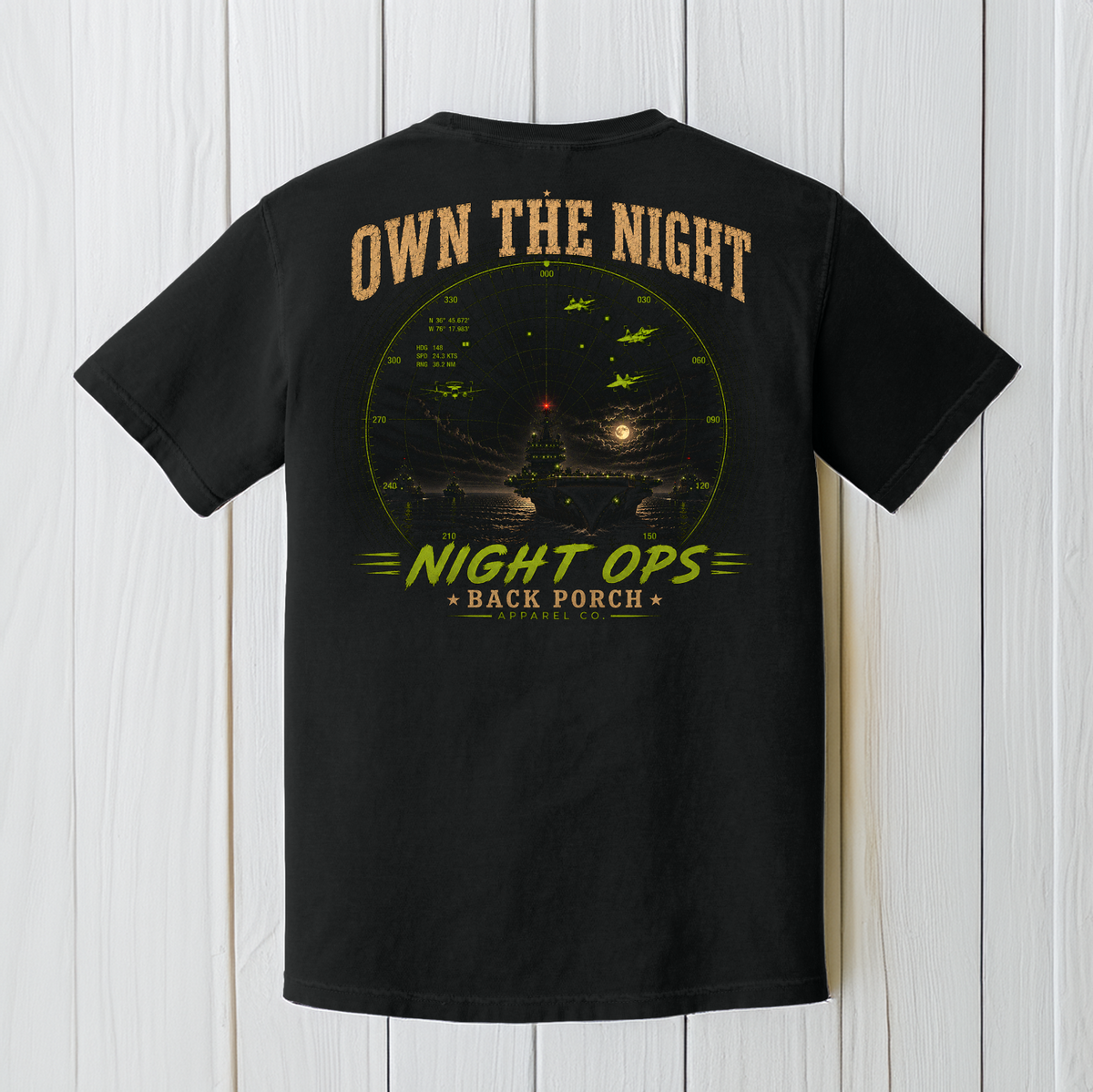 Own the Night Night Ops Comfort Colors Black Aircraft Carrier T-Shirt | Military Aviation Graphic Tee