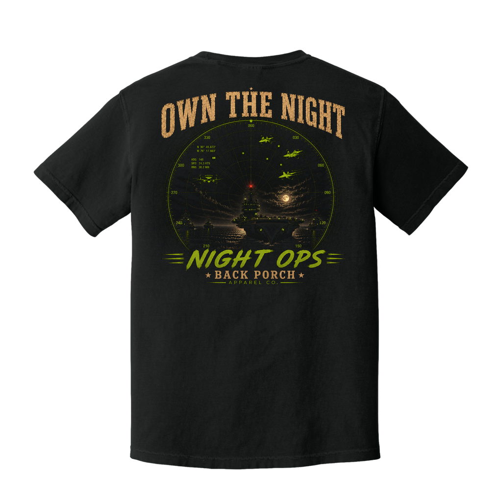 Own the Night Night Ops Comfort Colors Black Aircraft Carrier T-Shirt | Military Aviation Graphic Tee