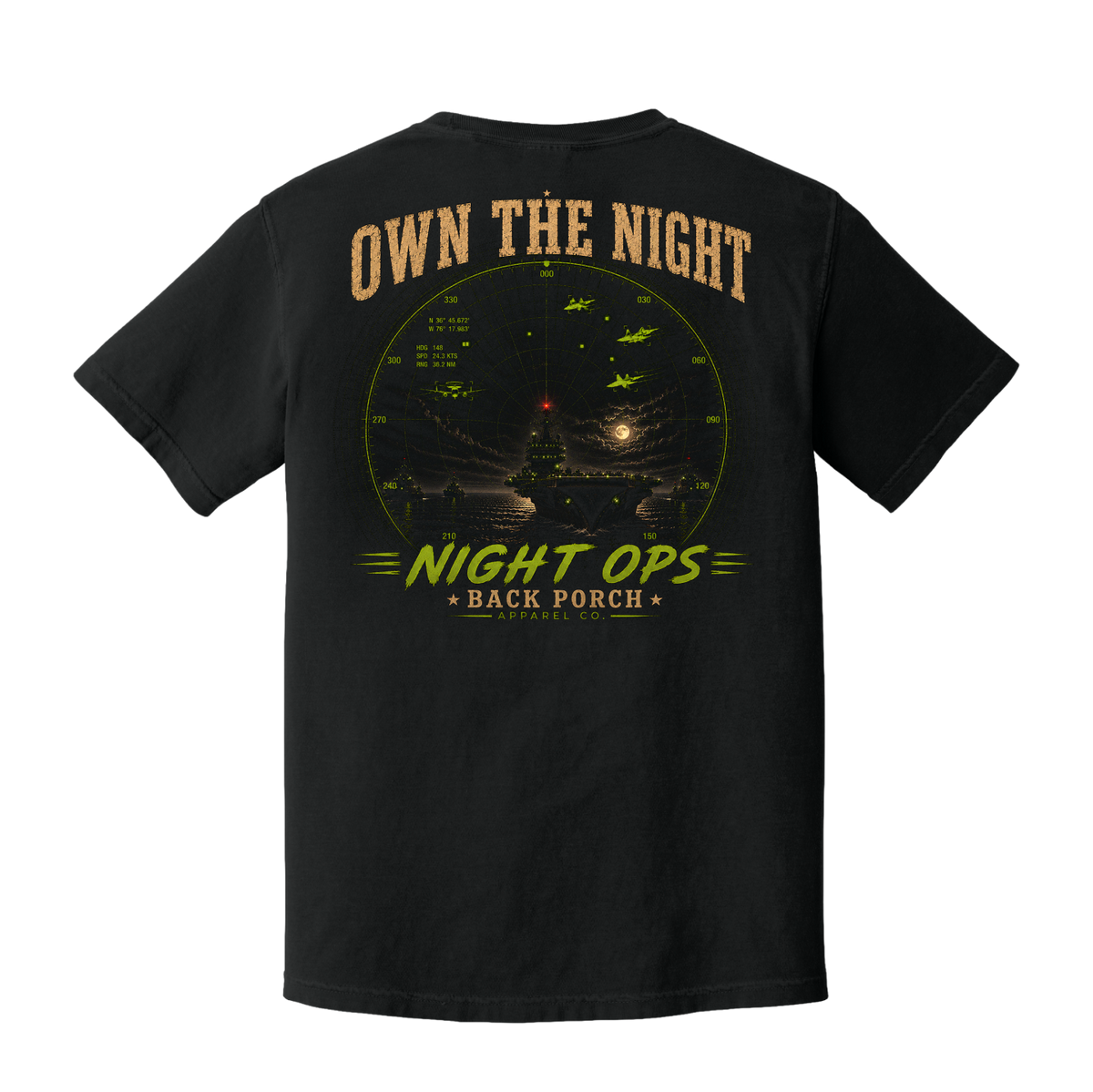 Own the Night Night Ops Comfort Colors Black Aircraft Carrier T-Shirt | Military Aviation Graphic Tee
