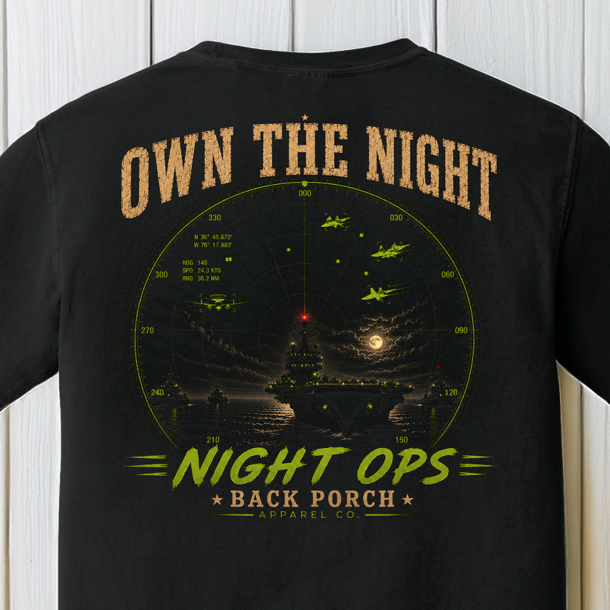 Own the Night Night Ops Comfort Colors Black Aircraft Carrier T-Shirt | Military Aviation Graphic Tee