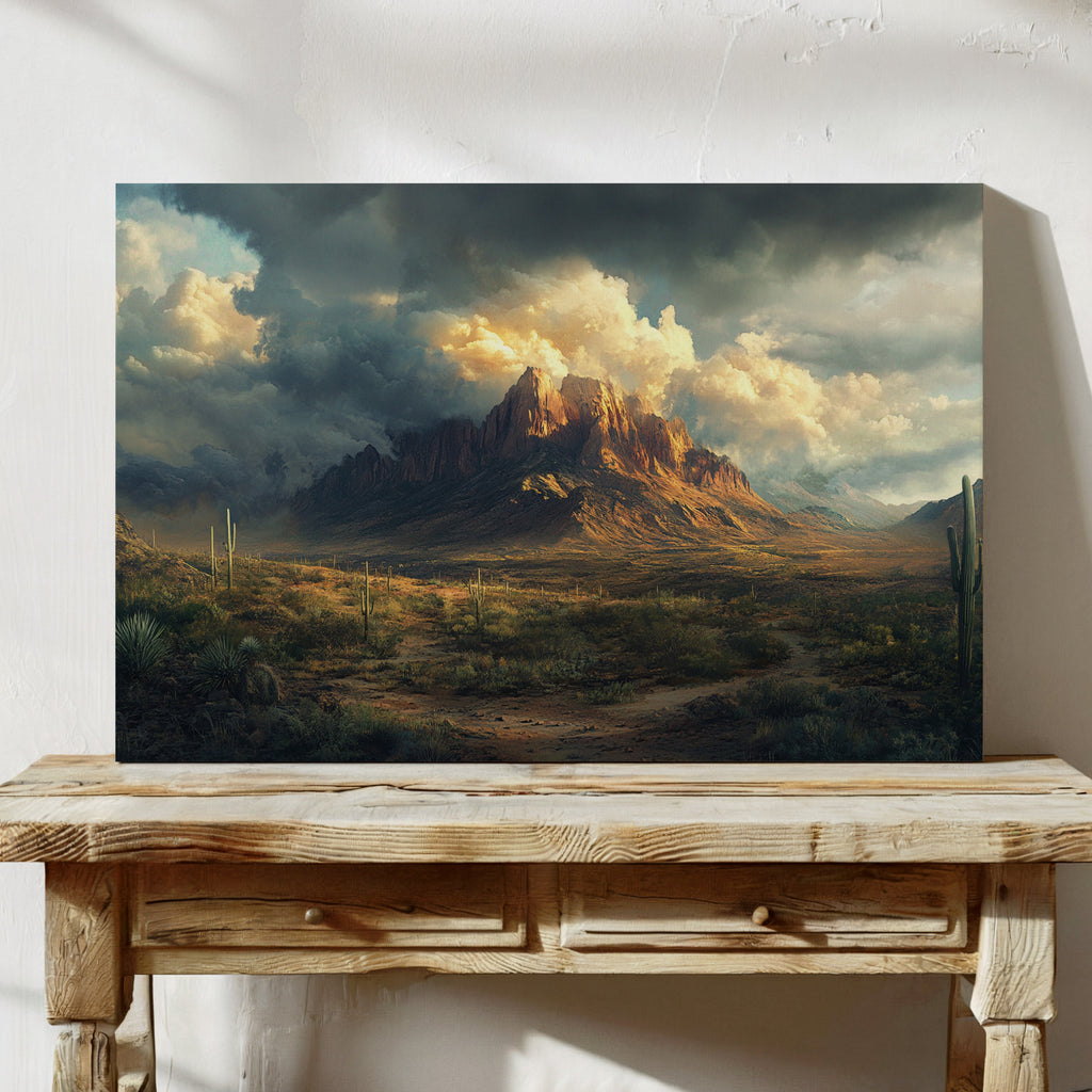 Stormy Desert Mountain Canvas – Moody Western Landscape Wall Art