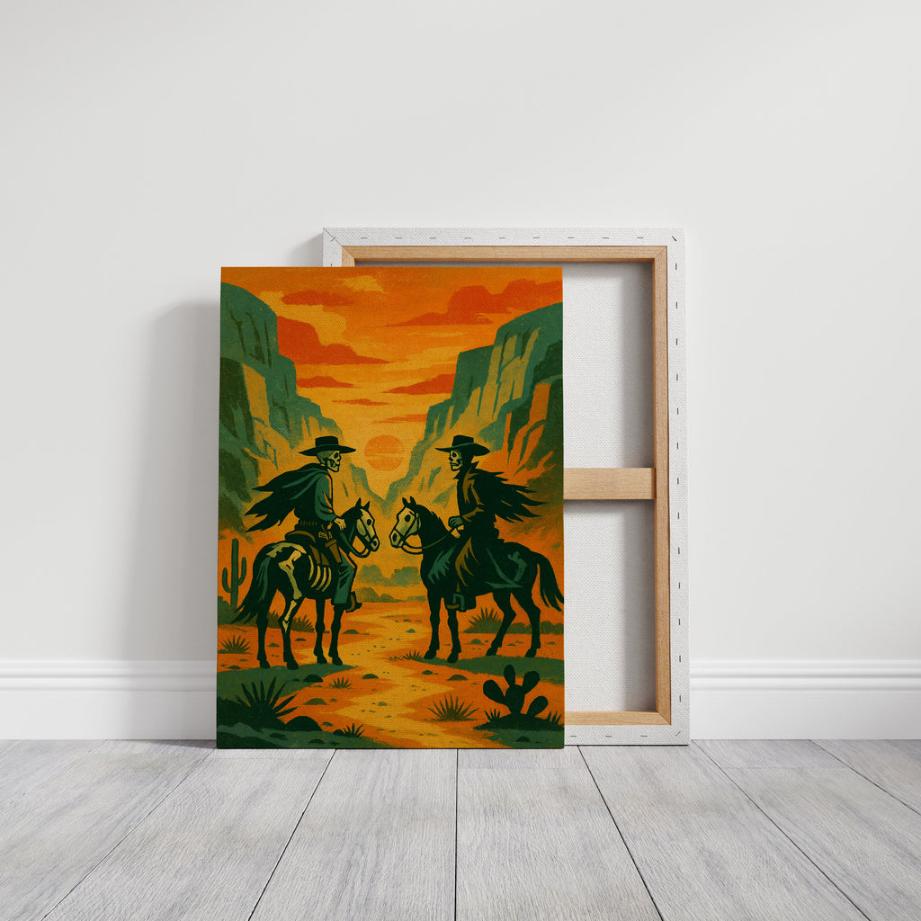 Skeleton Riders at Sundown – Surreal Western Desert Cowboy Art Print