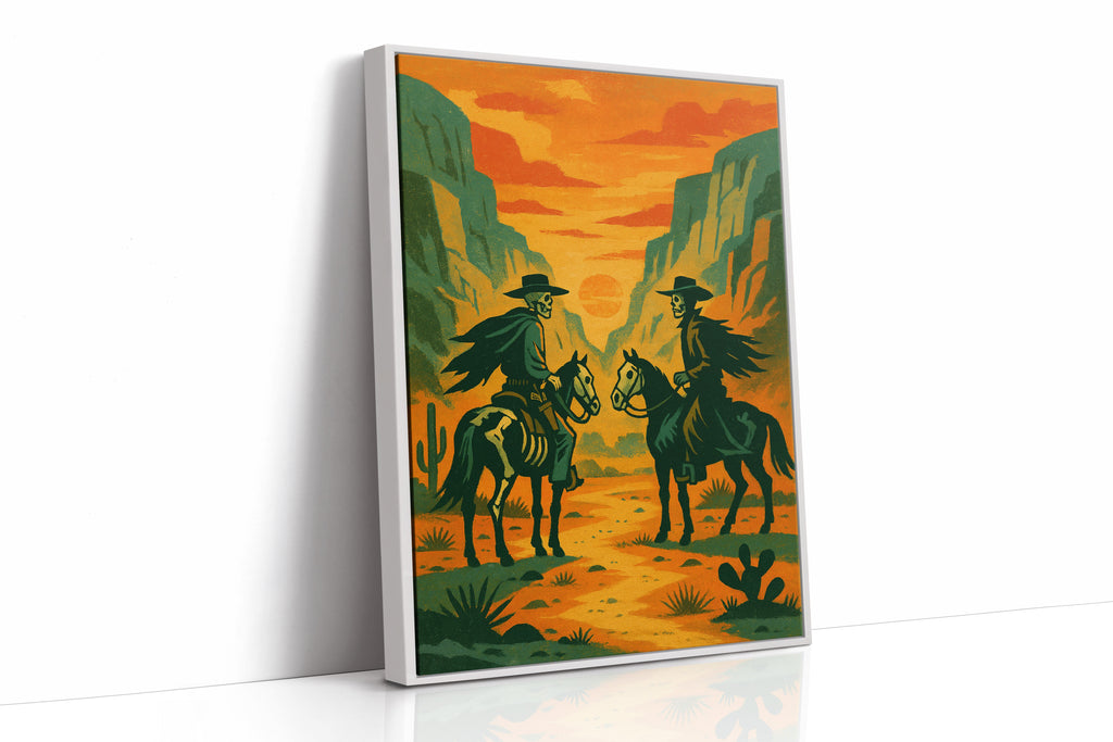 Skeleton Riders at Sundown – Surreal Western Desert Cowboy Art Print