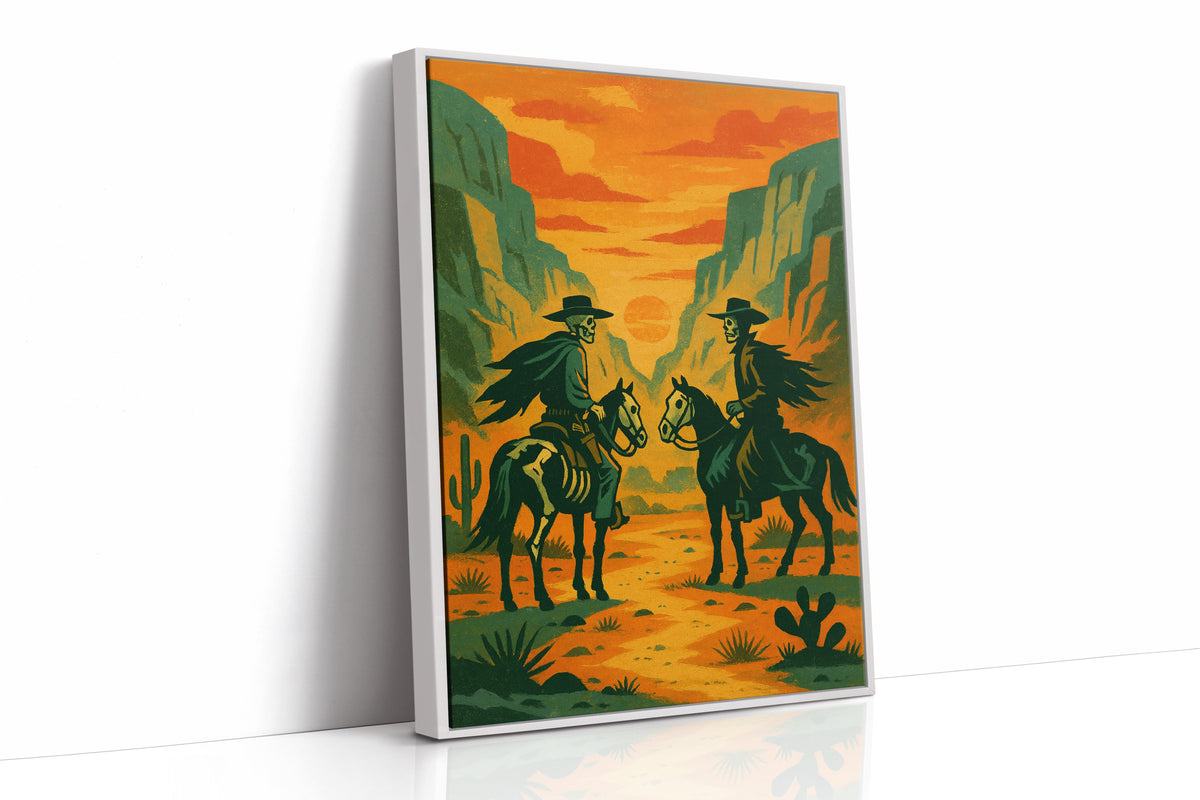 Skeleton Riders at Sundown – Surreal Western Desert Cowboy Art Print