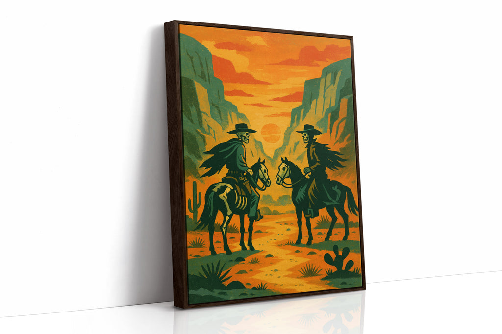 Skeleton Riders at Sundown – Surreal Western Desert Cowboy Art Print