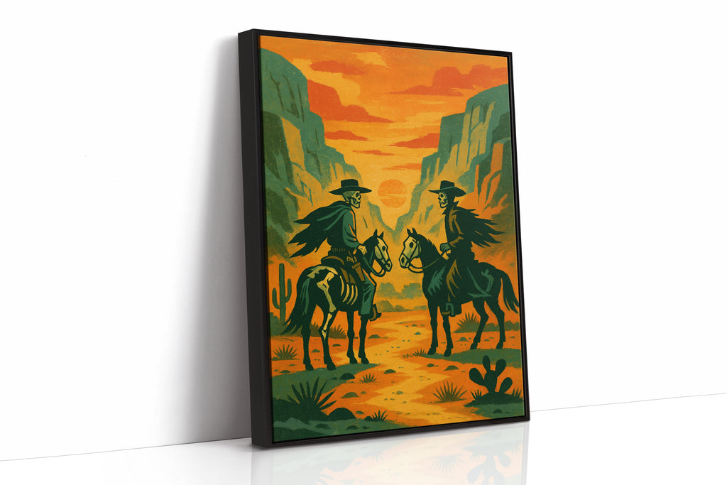 Skeleton Riders at Sundown – Surreal Western Desert Cowboy Art Print