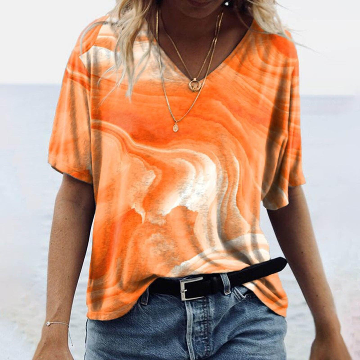 Women's Spring Glitzy V-Neck Short Sleeved Marble Print Top