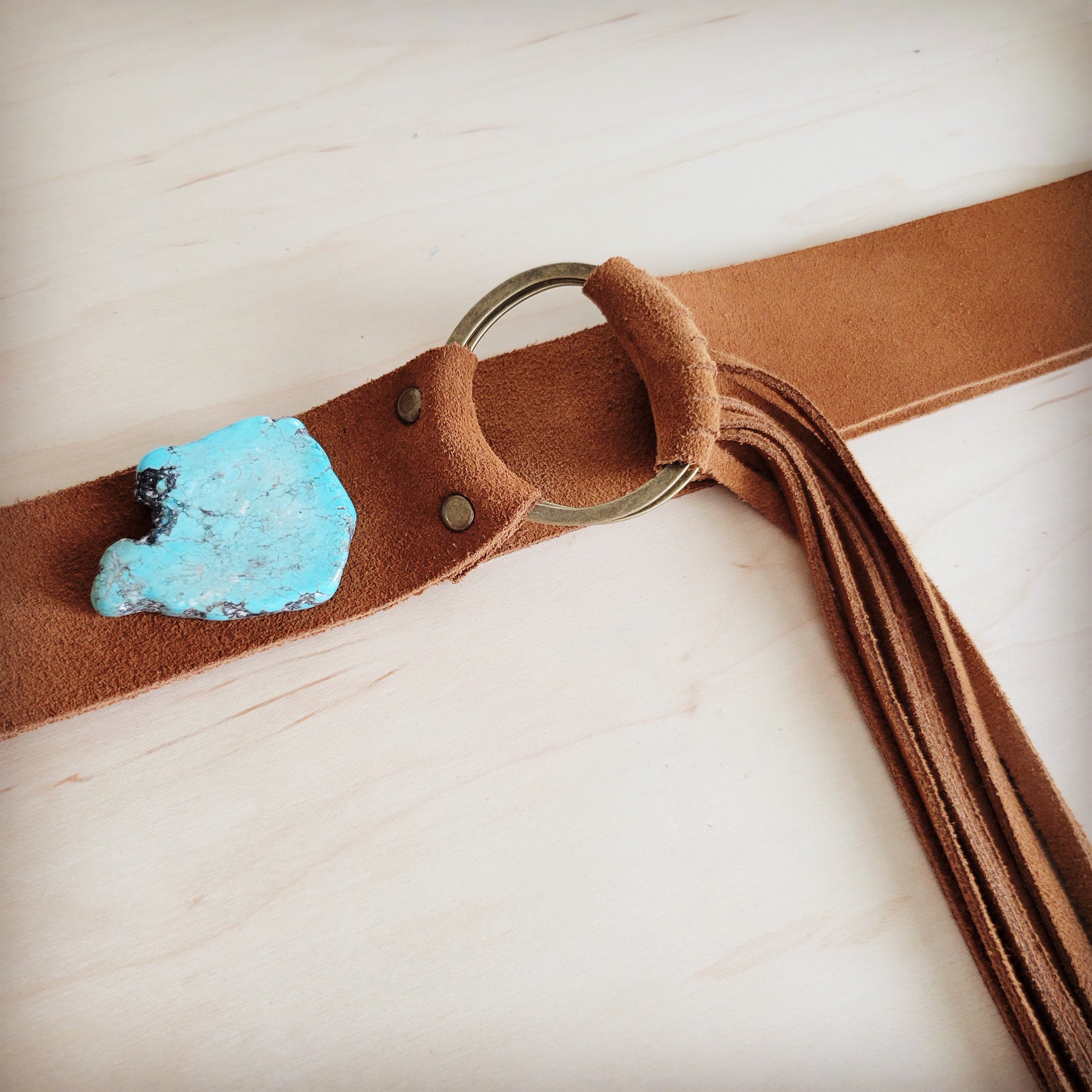 Suede Leather Belt with Leather Fringe Closure and Turq Slab 908s