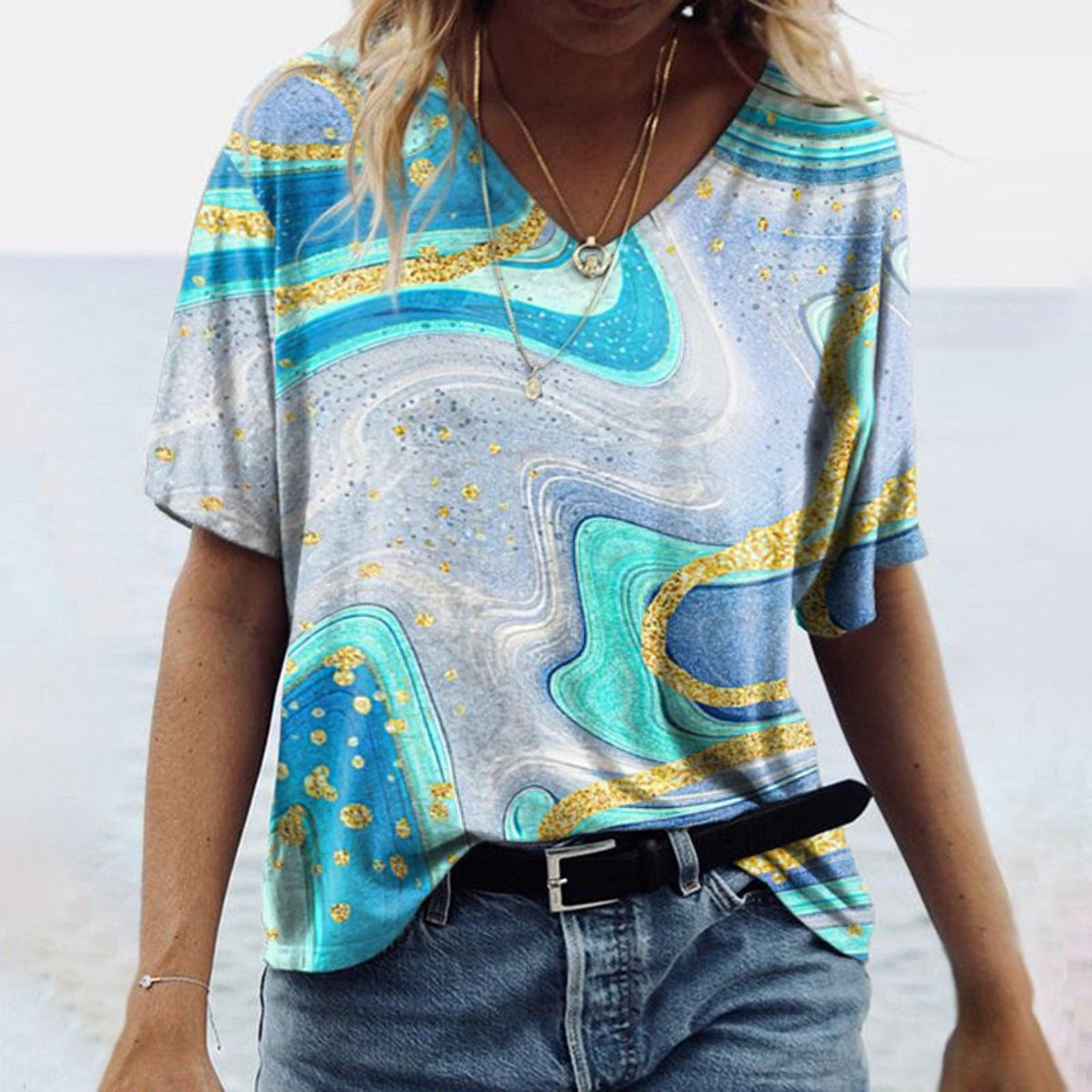 Women's Spring Glitzy V-Neck Short Sleeved Marble Print Top