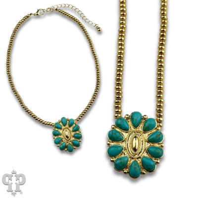 Turquoise concho pendant and 18k gold dipped bead choker necklace