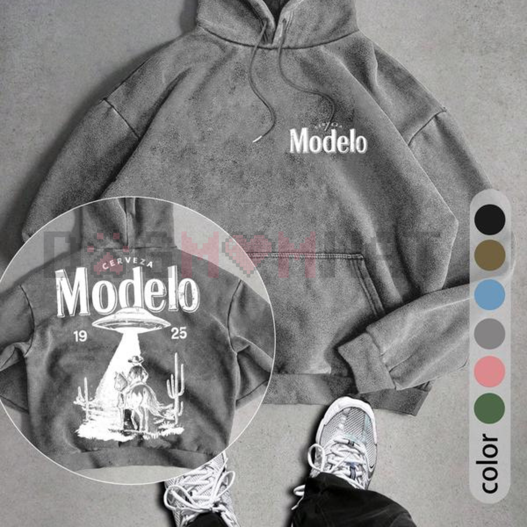 UFO and Western Cowboy Men's Street Retro Style Washed Hooded