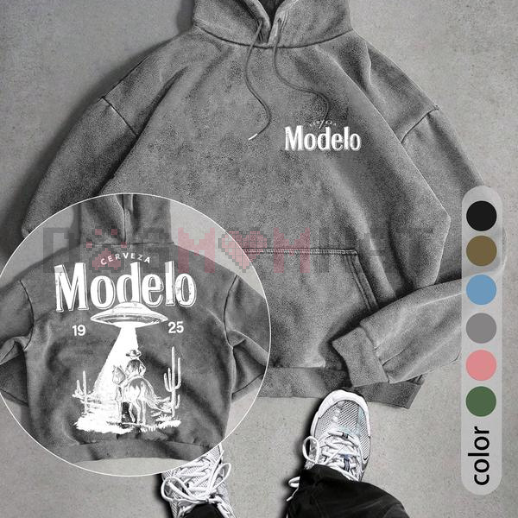 UFO and Western Cowboy Men's Street Retro Style Washed Hooded