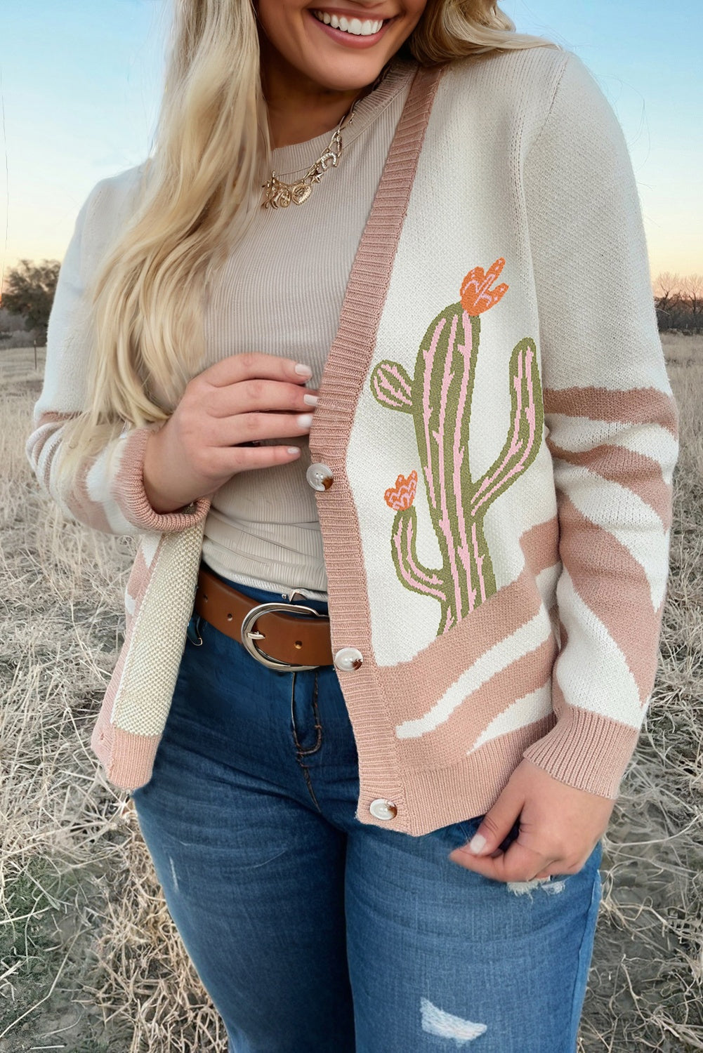 Desert Cactus Print Plus Size Button Cardigan Sweater