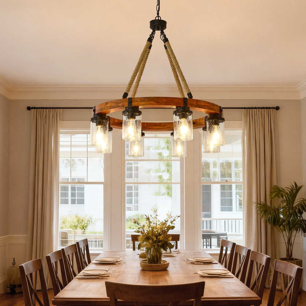 8-Light Rustic Wagon Wheel Chandelier | 31" Wood Frame & Seeded Glass, Farmhouse Industrial Pendant