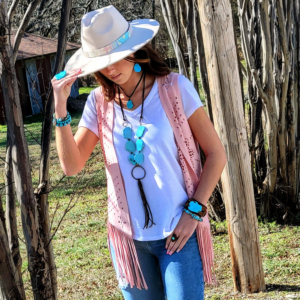 Blue Turquoise Slab Necklace with Long Leather Tassel 226G
