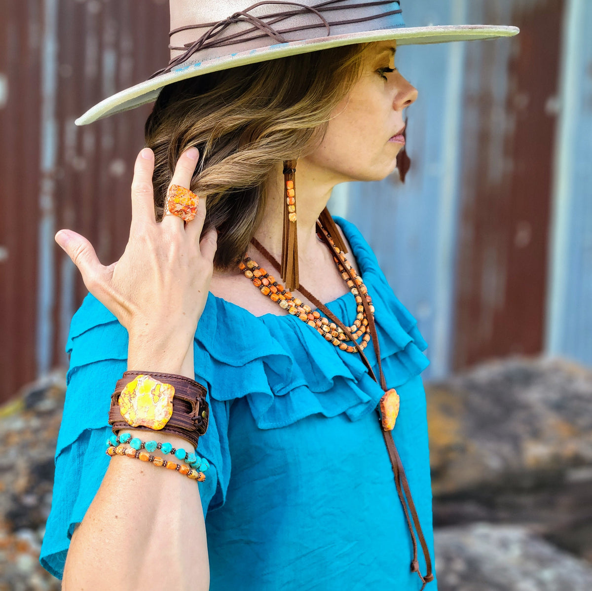 **Orange Regalite Western Boho Statement Ring 012ac