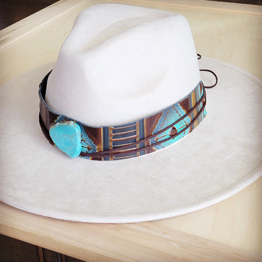 **Wide Genuine Leather Blue Navajo Hat Band Only w/ Turq 953j