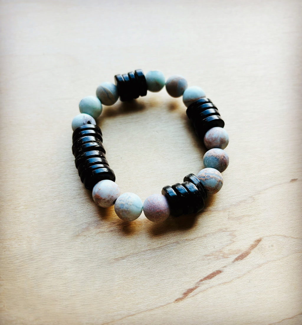 **Frosted Aqua Terra and Wood Stretch Bracelet (808y)