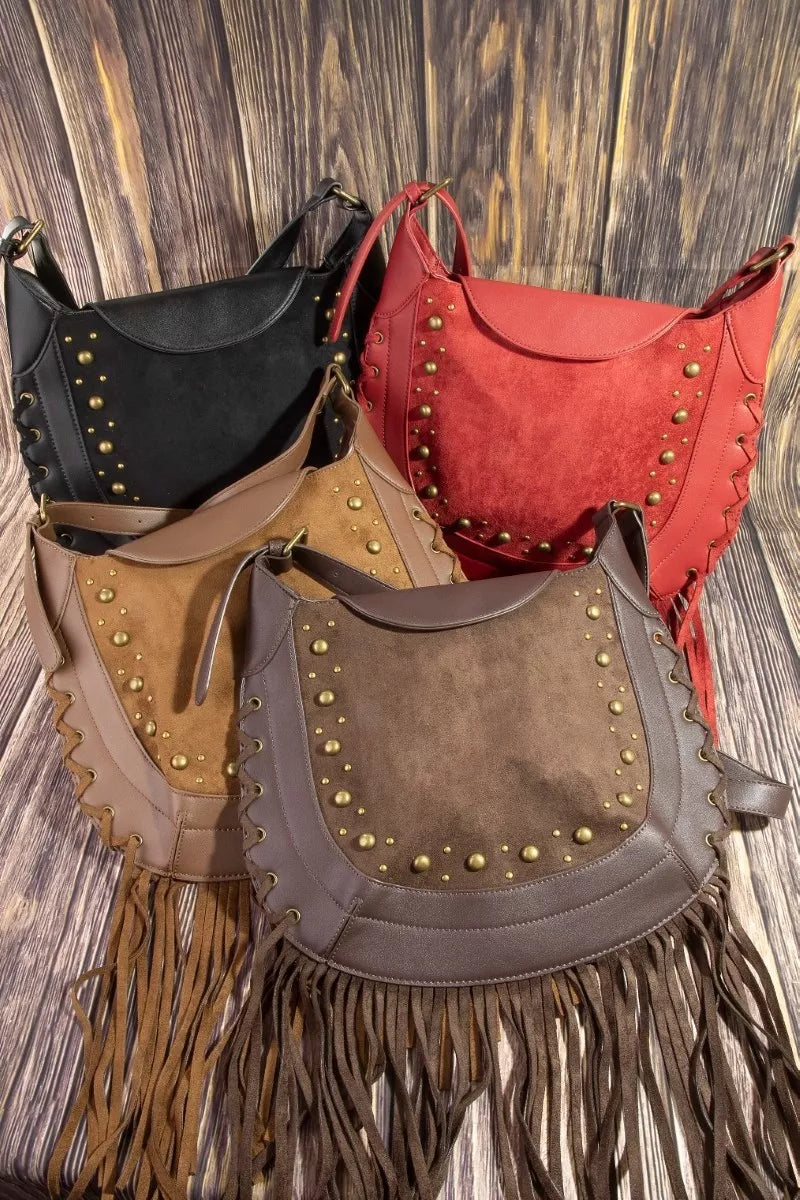 Rivet Trim Suede Fringe Shoulder Bag