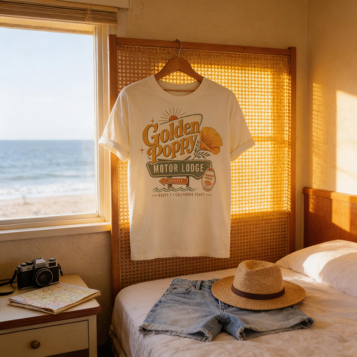 California Poppy Shirt - Retro Travel Tee | Soft Cotton Botanical Print