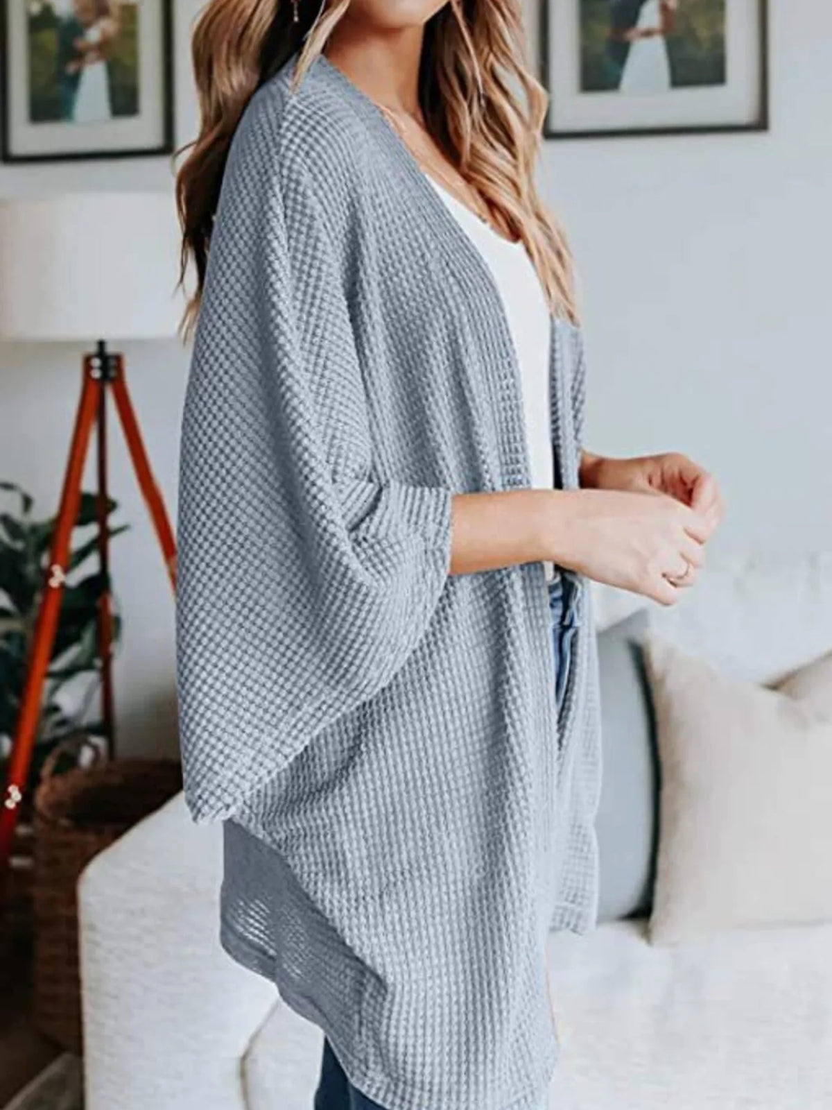 Full Size Open Front Waffle Knit Cardigan Plus Size