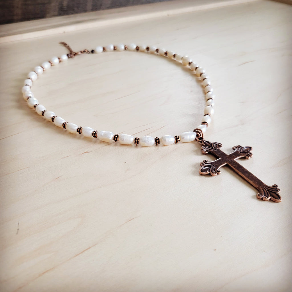 **Genuine Freshwater Pearl Collar Boho Necklace w/ Cross 263s