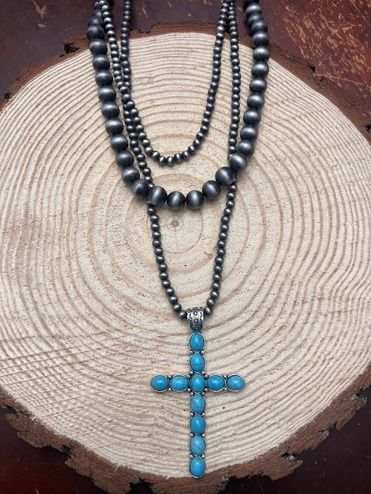 Western Turquoise Cross Three-Layered Necklace — Faux Pearl Trio with 3" Cross Pendant