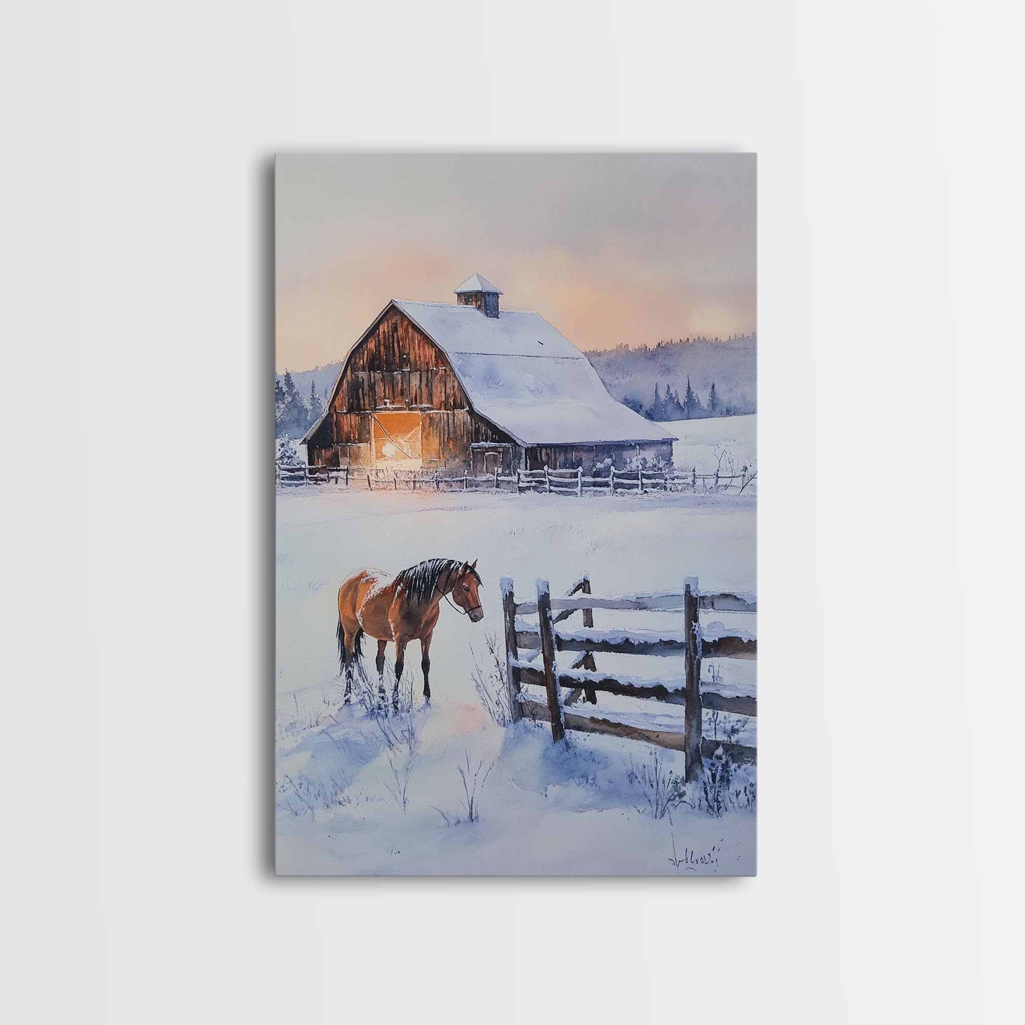 Christmas On The Farm, Winter Wall Art Framed Canvas Print, Gift Idea, Seasonal Decor, Barn Painting, Farmhouse Art