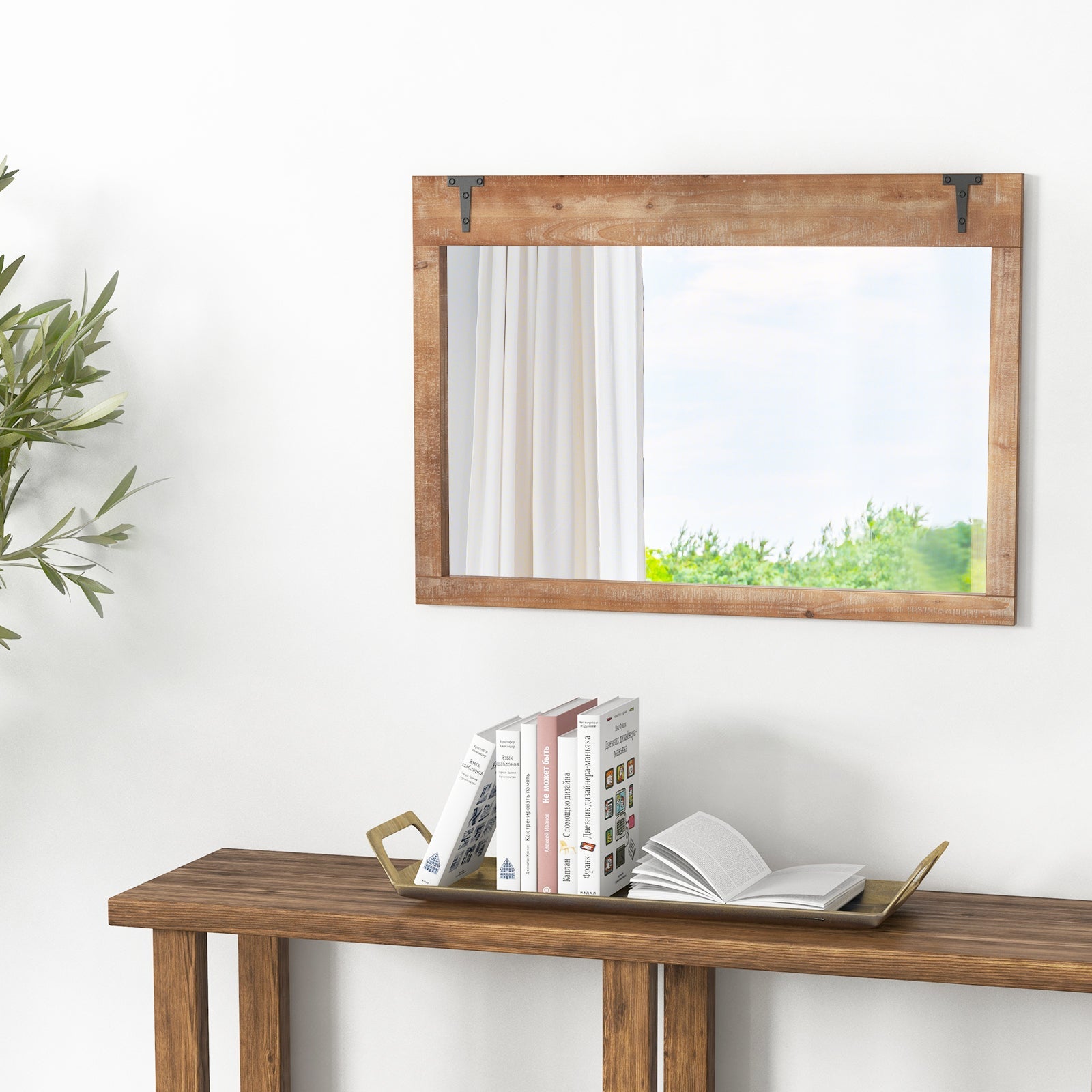 39 x 27.5 Inch Farmhouse Rustic Barn Door Wall Mirror with Wood Frame-Natural