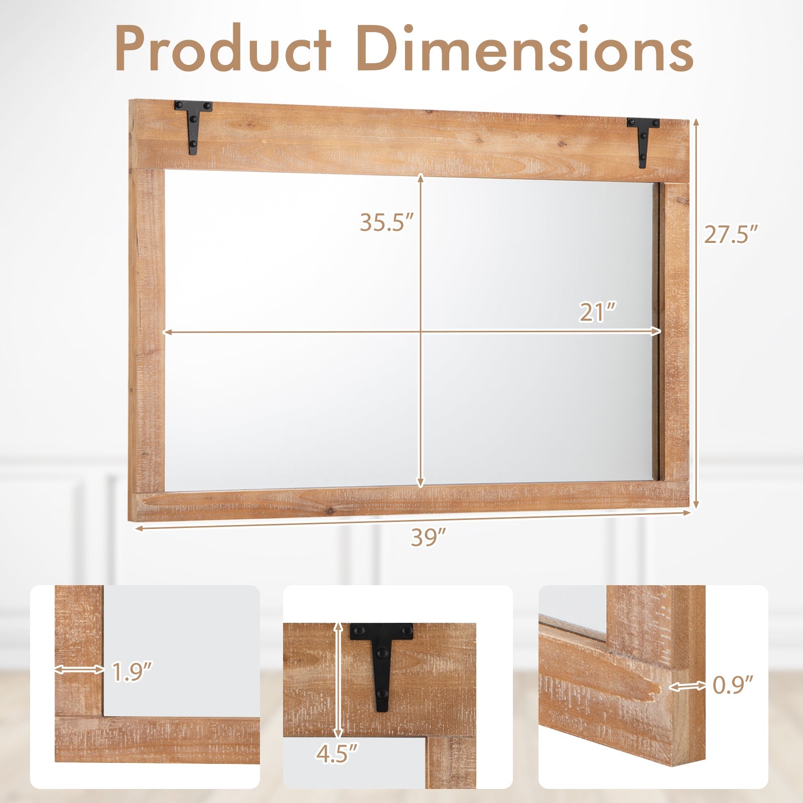 39 x 27.5 Inch Farmhouse Rustic Barn Door Wall Mirror with Wood Frame-Natural