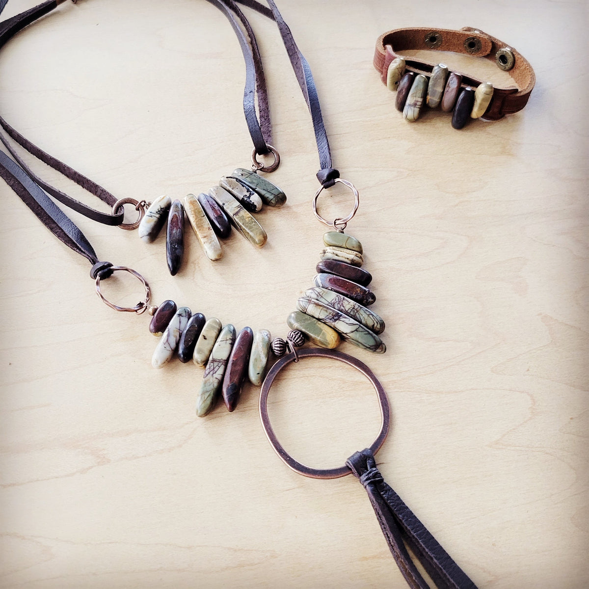 Picasso Jasper Stone Collar Necklace w/ Genuine Leather Cord 261f