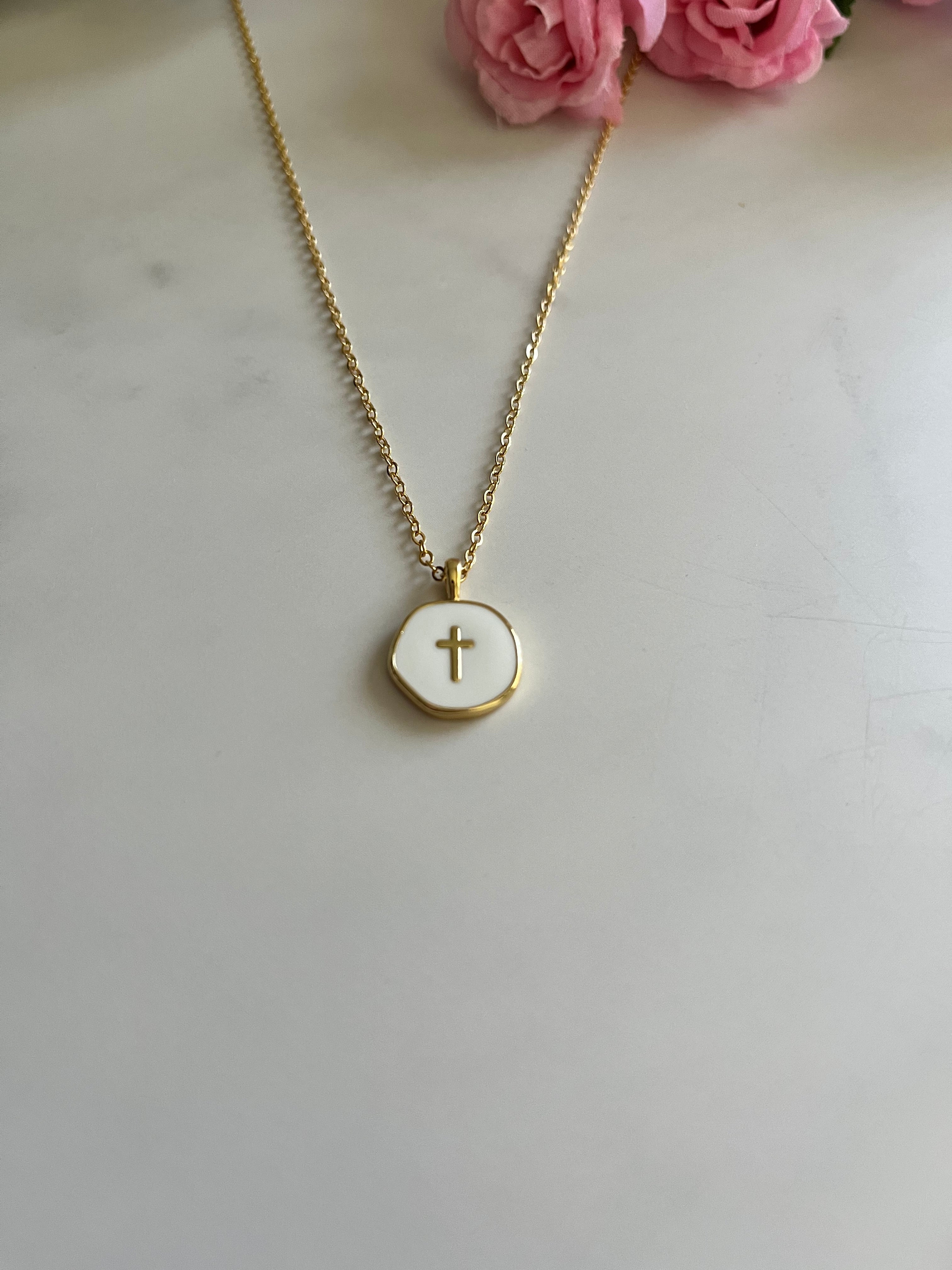 Gold Necklace 18K White Cross Pendant